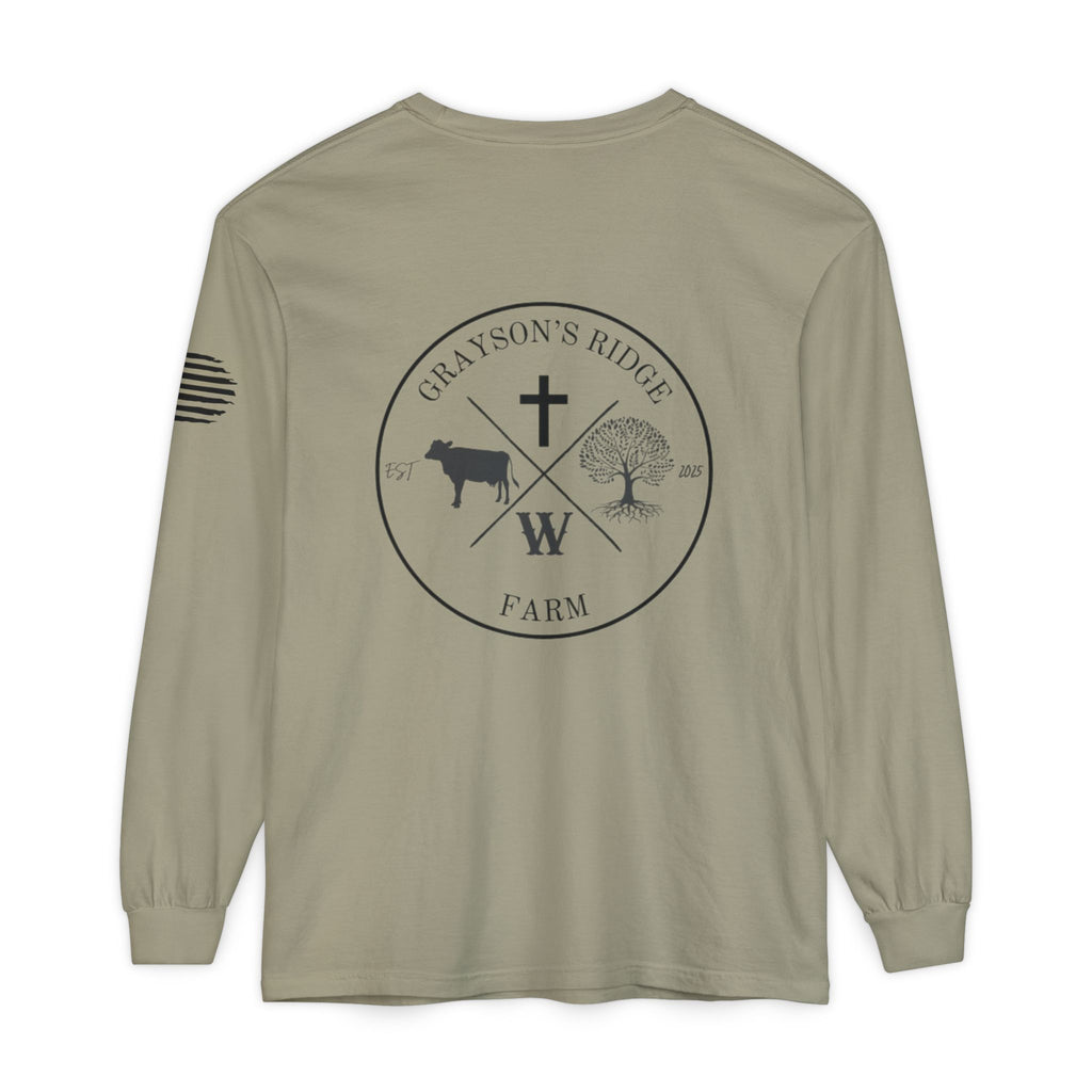 Grayson’s Ridge Farm Long Sleeve T-Shirt — Farm Logo Tee with Cross & American Flag