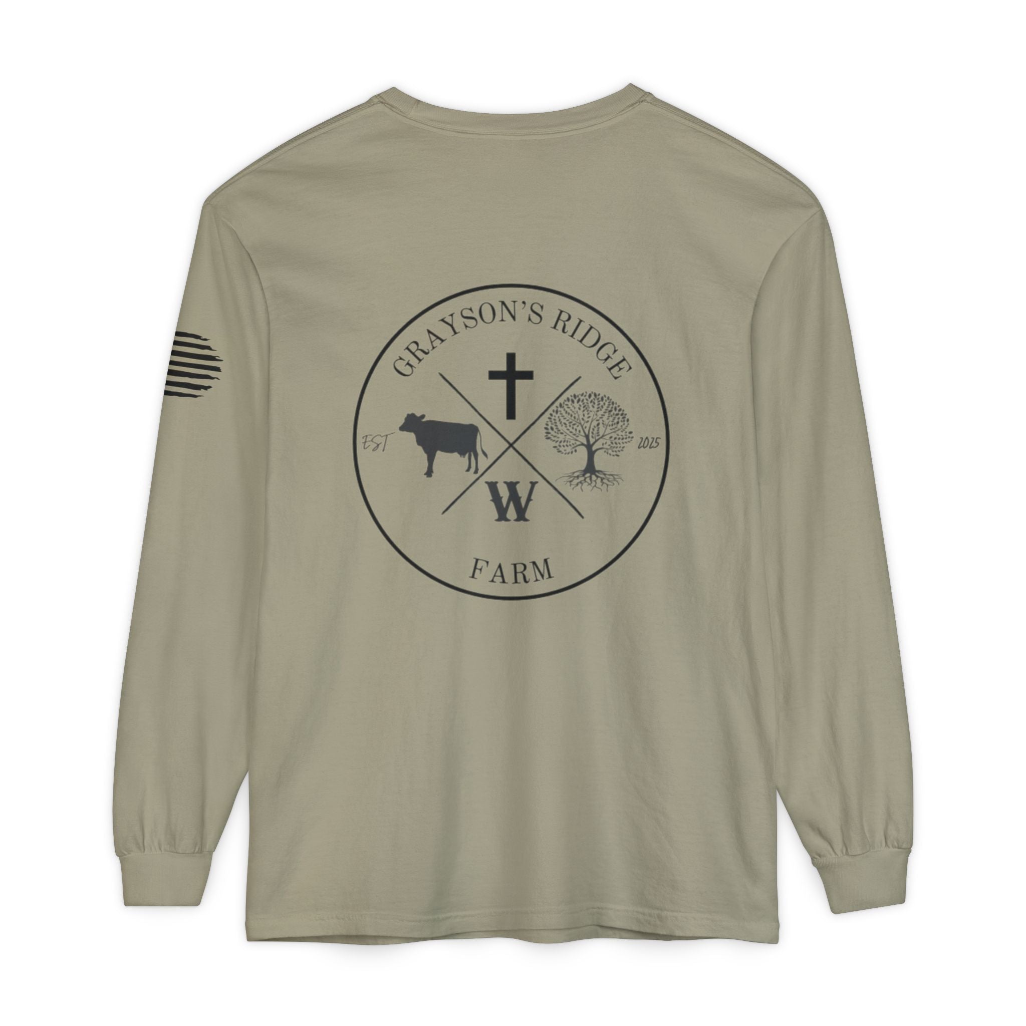 Grayson’s Ridge Farm Long Sleeve T-Shirt — Farm Logo Tee with Cross & American Flag