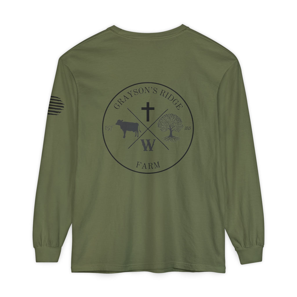 Grayson’s Ridge Farm Long Sleeve T-Shirt — Farm Logo Tee with Cross & American Flag
