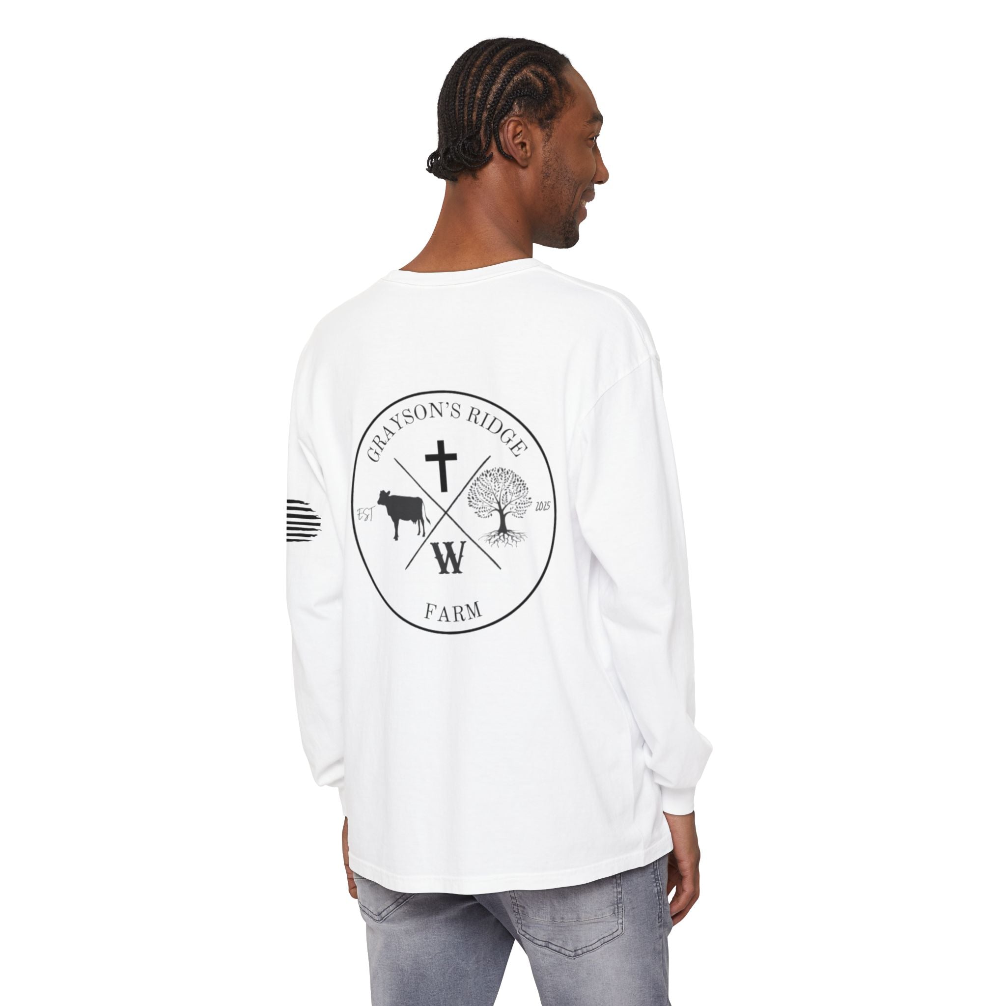 Grayson’s Ridge Farm Long Sleeve T-Shirt — Farm Logo Tee with Cross & American Flag