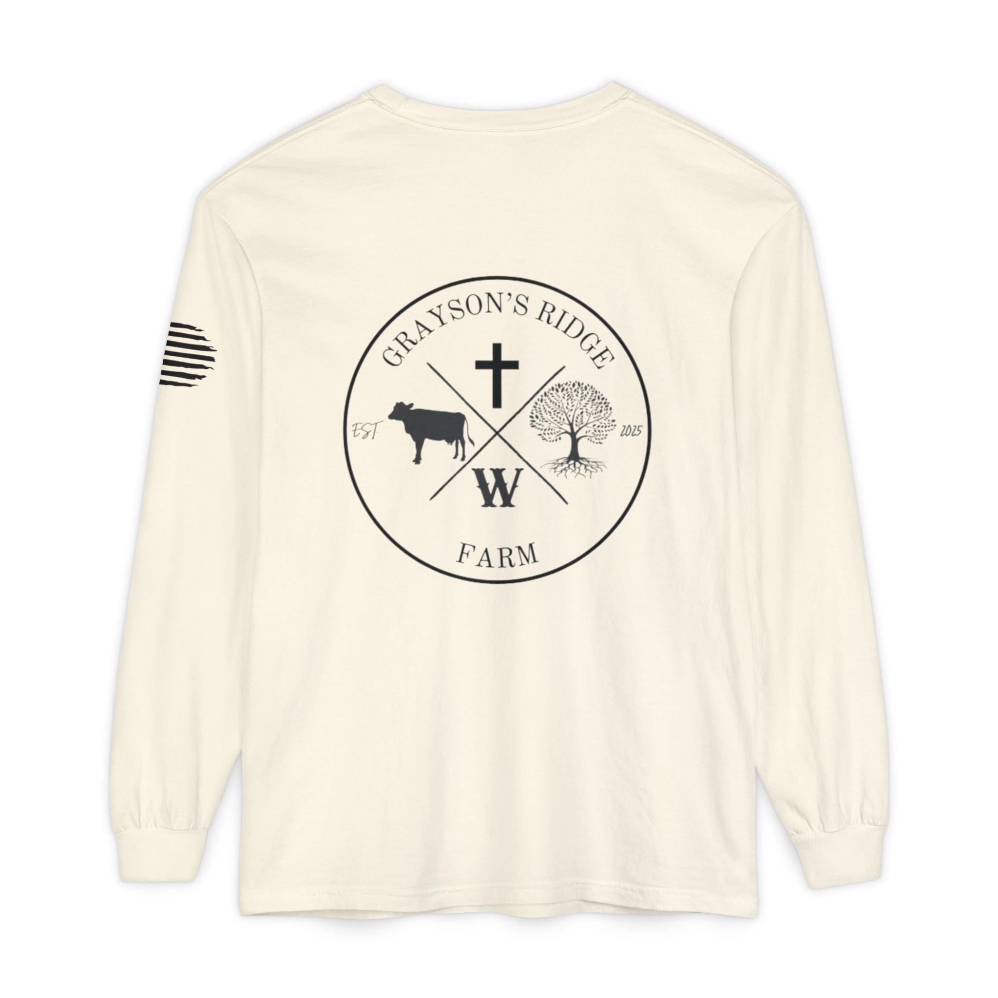Grayson’s Ridge Farm Long Sleeve T-Shirt — Farm Logo Tee with Cross & American Flag