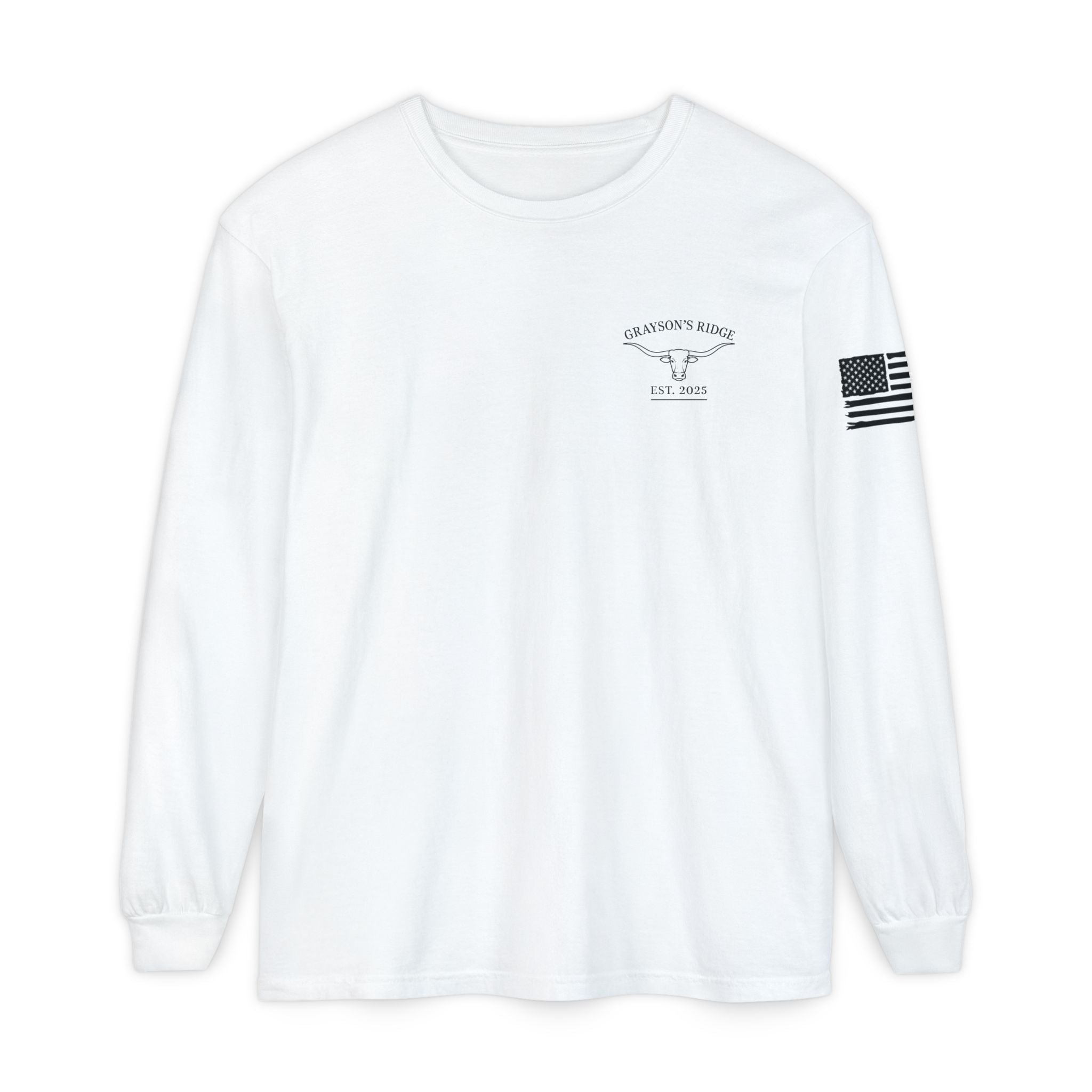Grayson’s Ridge Farm Long Sleeve T-Shirt — Farm Logo Tee with Cross & American Flag
