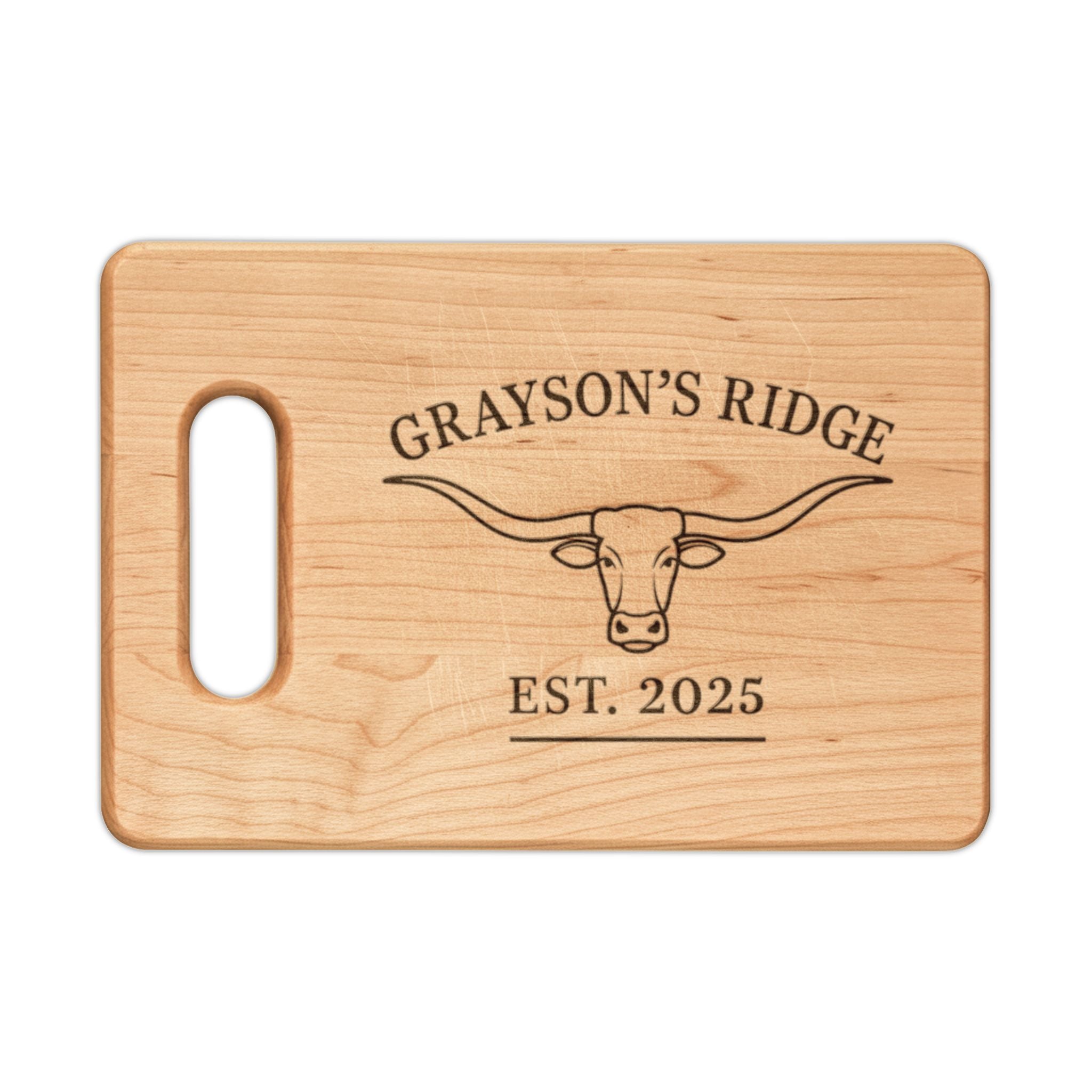 Engraved Longhorn Cutting Board – Personalized 'Grayson’s Ridge' EST. 2025