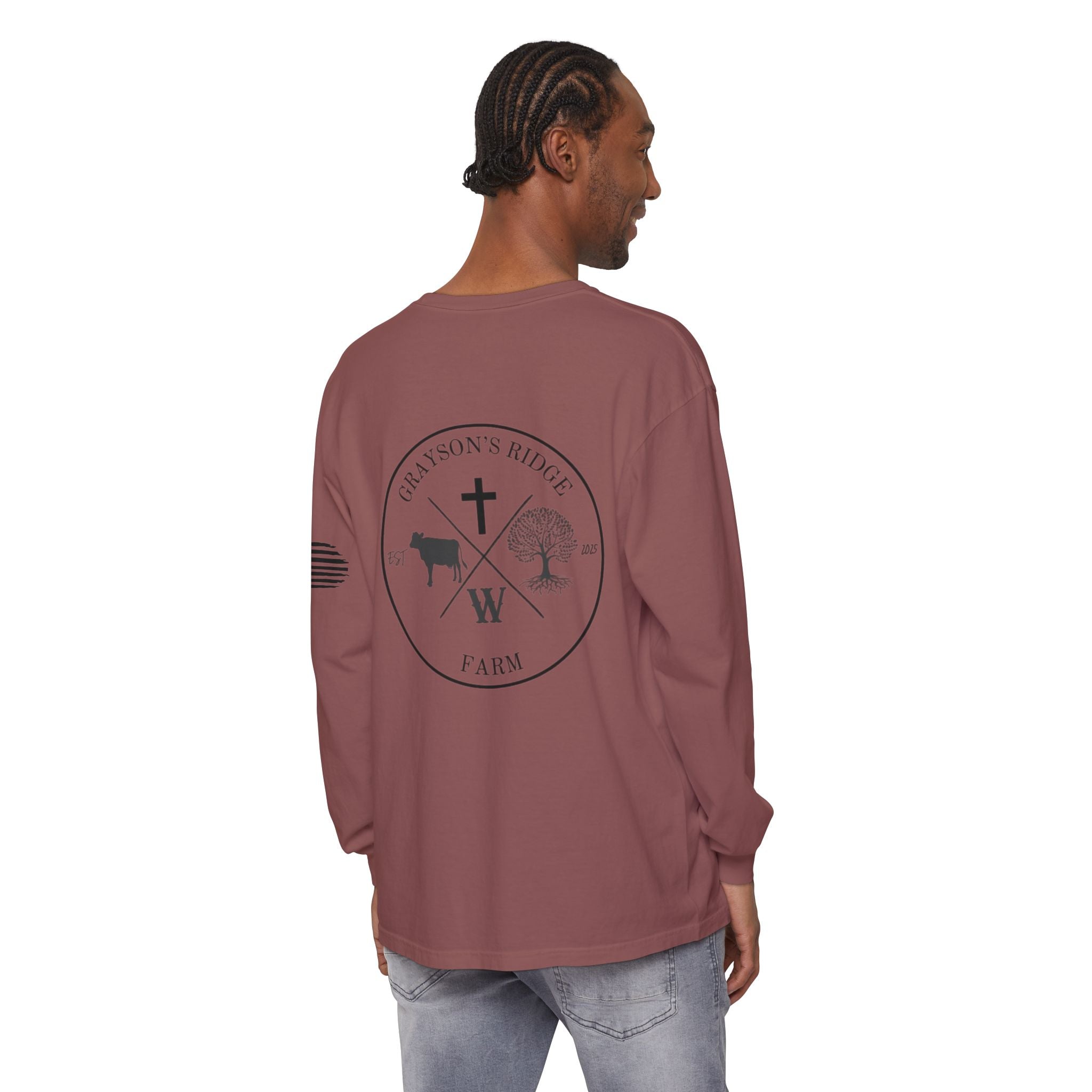 Grayson’s Ridge Farm Long Sleeve T-Shirt — Farm Logo Tee with Cross & American Flag