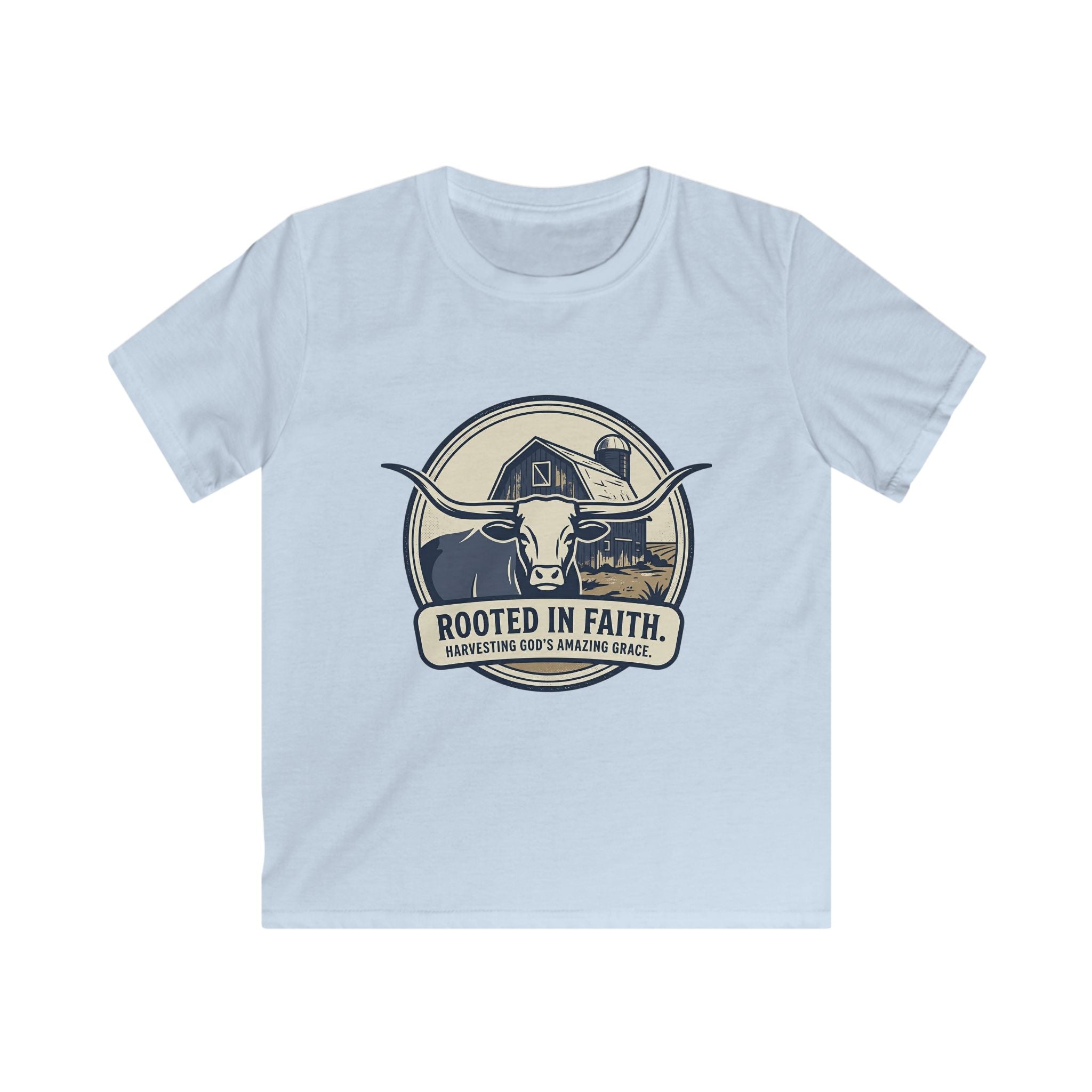 Kids Farm Faith T‑Shirt — "Rooted in Faith, Harvesting God’s Amazing Grace"