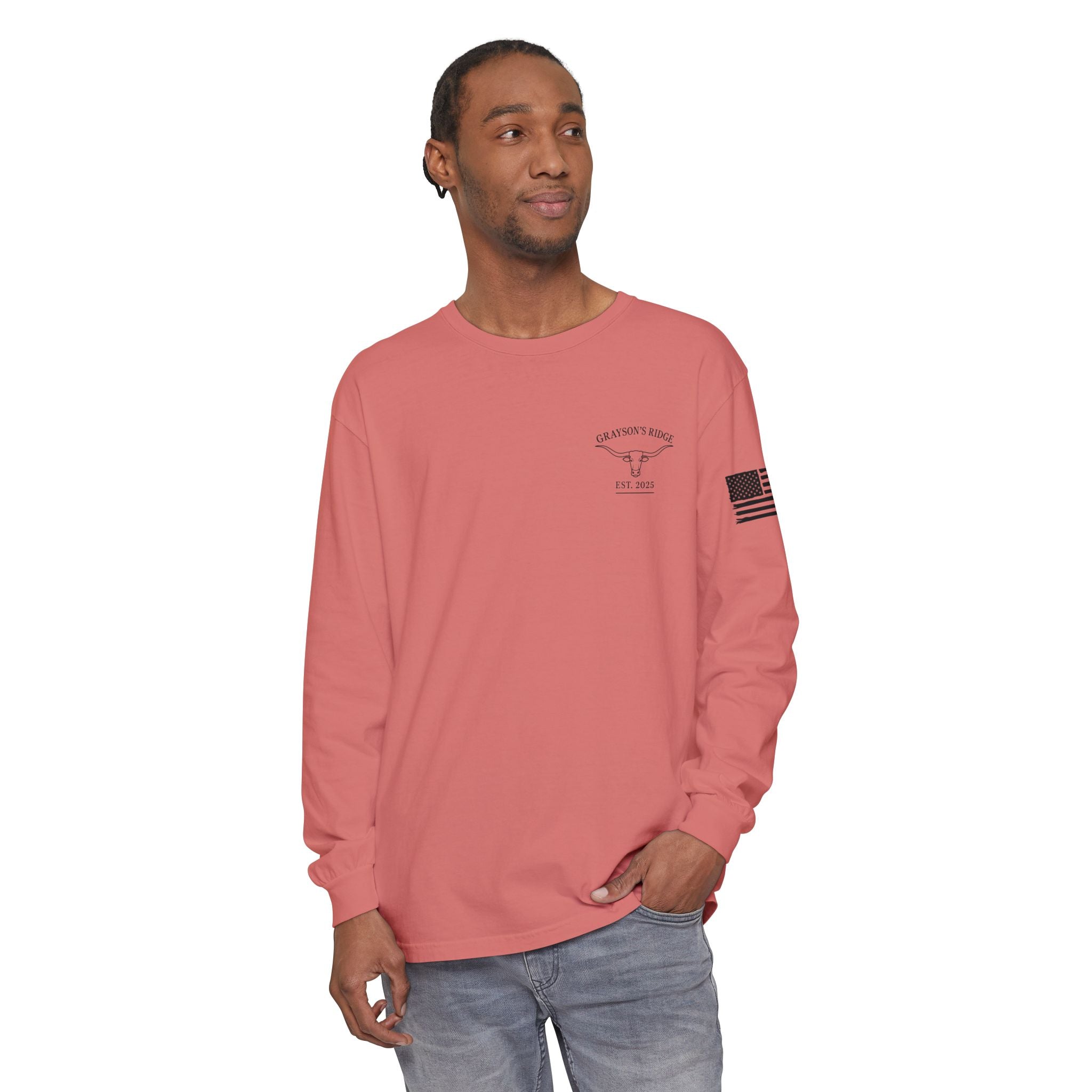 Grayson’s Ridge Farm Long Sleeve T-Shirt — Farm Logo Tee with Cross & American Flag