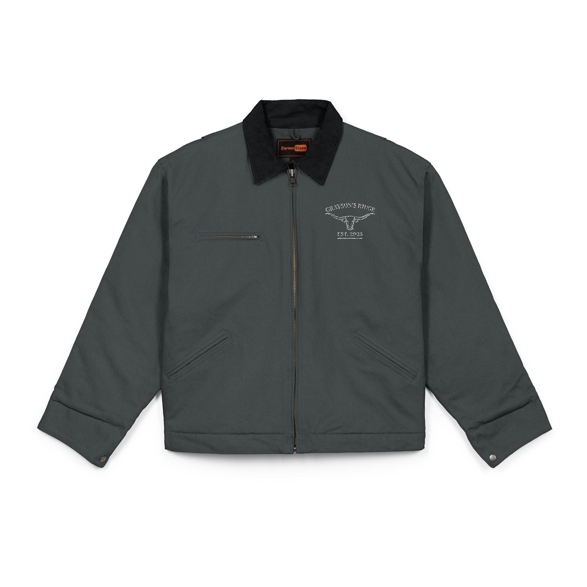 Embroidered Grey Duck Cloth Work Jacket – Durable Men’s Utility Coat