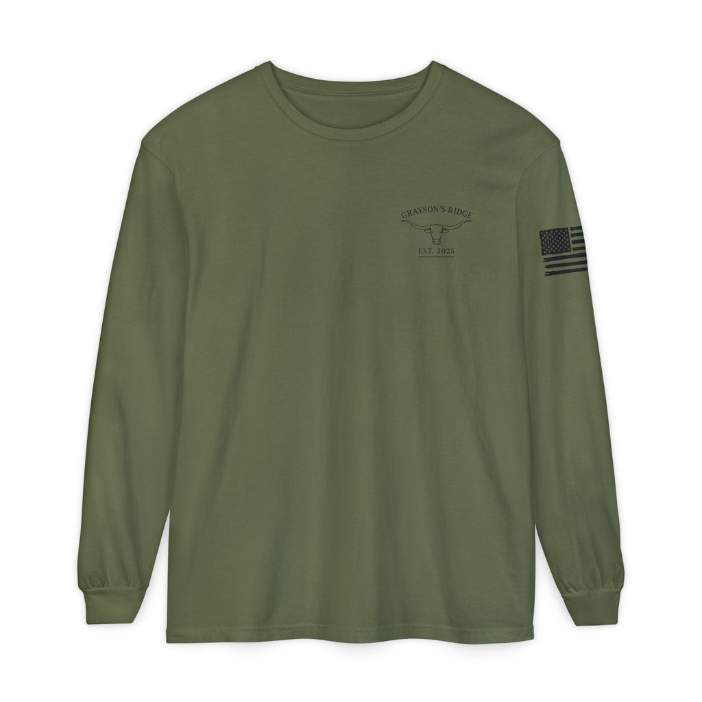 Grayson’s Ridge Farm Long Sleeve T-Shirt — Farm Logo Tee with Cross & American Flag