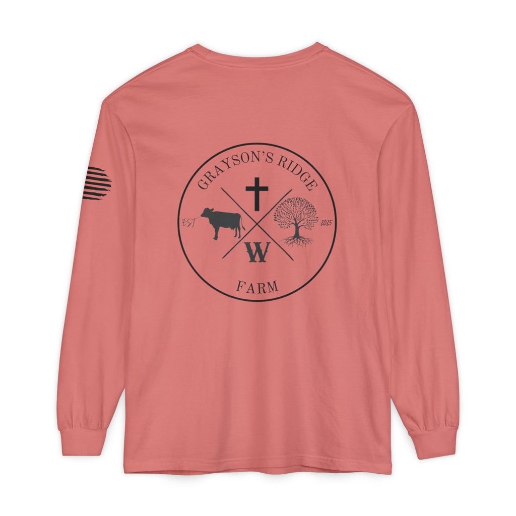 Grayson’s Ridge Farm Long Sleeve T-Shirt — Farm Logo Tee with Cross & American Flag
