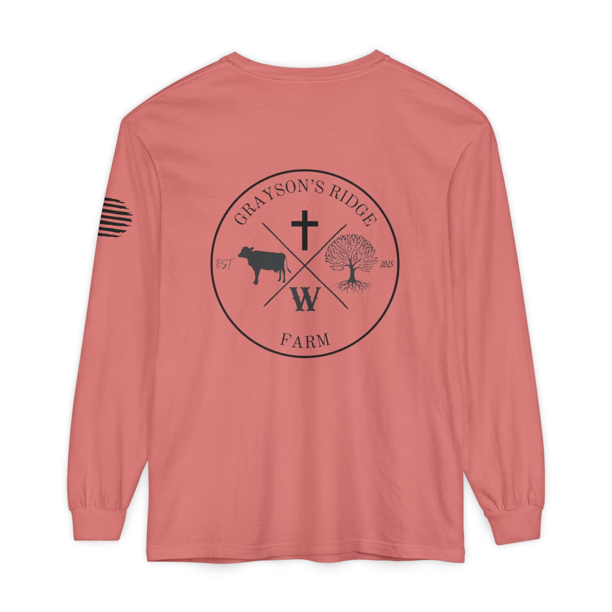 Grayson’s Ridge Farm Long Sleeve T-Shirt — Farm Logo Tee with Cross & American Flag