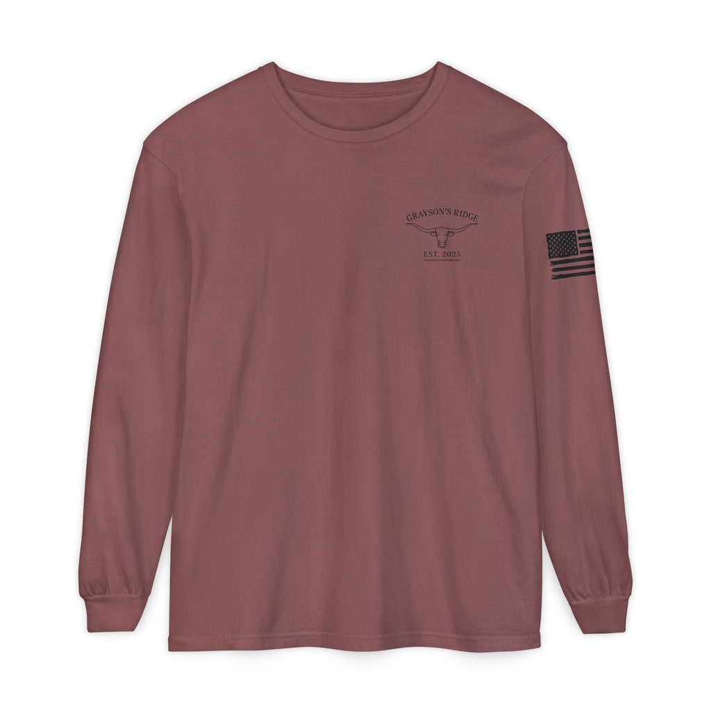 Grayson’s Ridge Farm Long Sleeve T-Shirt — Farm Logo Tee with Cross & American Flag