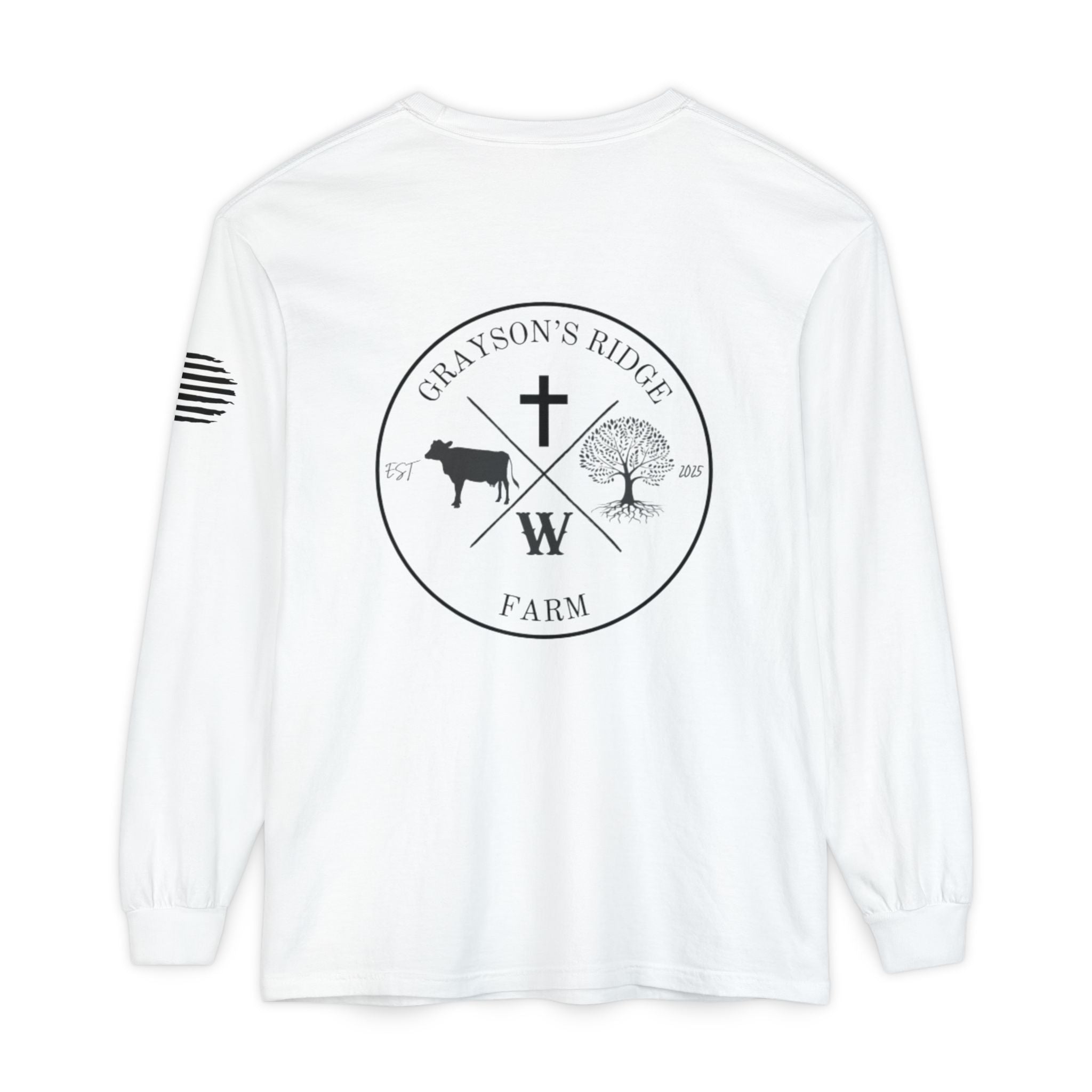 Grayson’s Ridge Farm Long Sleeve T-Shirt — Farm Logo Tee with Cross & American Flag