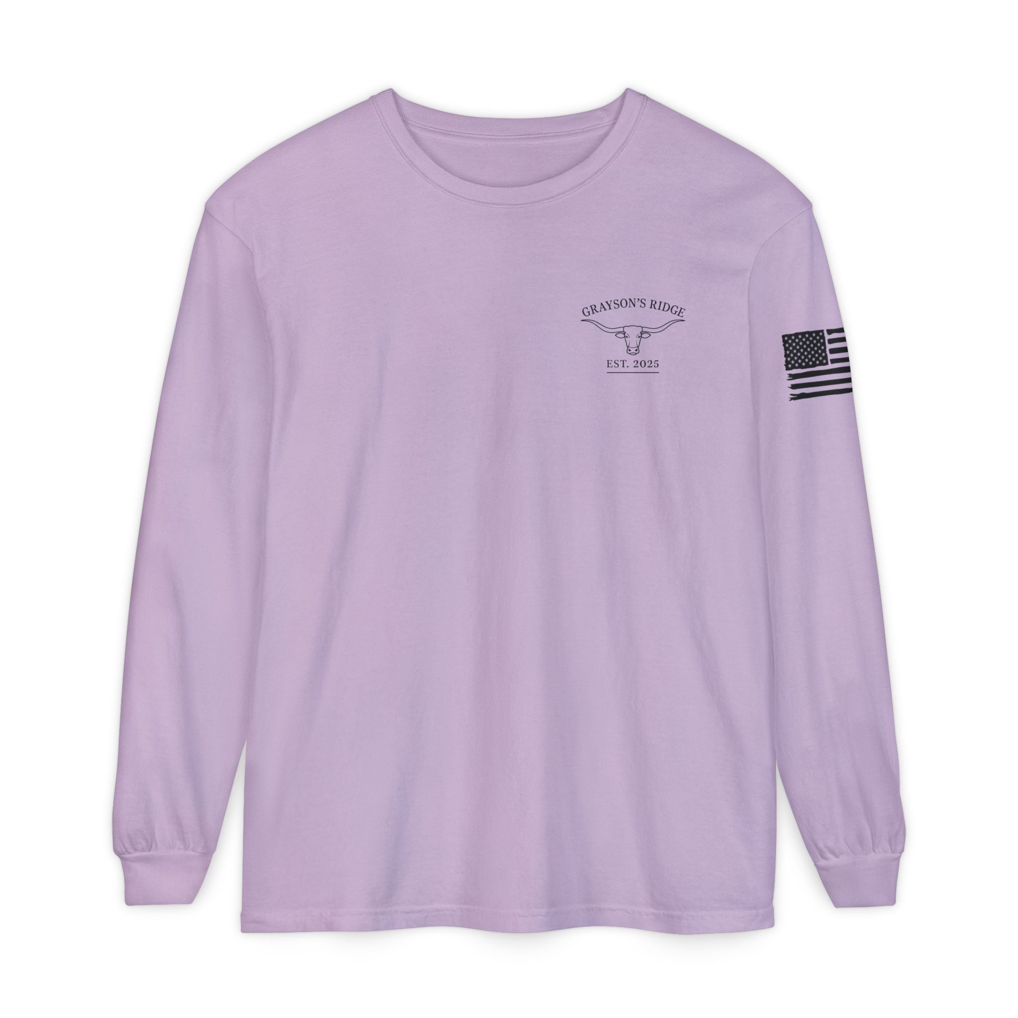 Grayson’s Ridge Farm Long Sleeve T-Shirt — Farm Logo Tee with Cross & American Flag