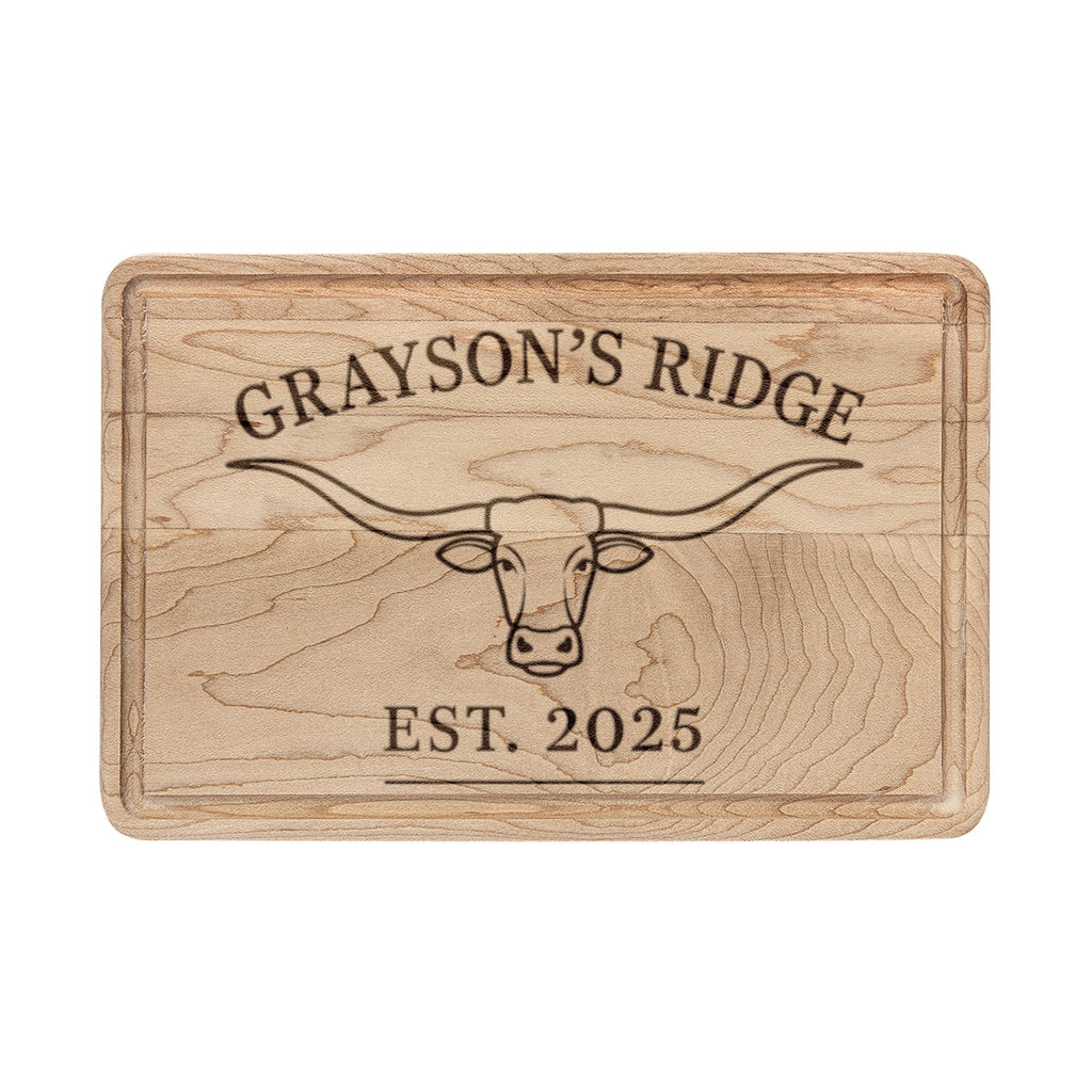 Engraved Longhorn Cutting Board – Personalized 'Grayson’s Ridge' EST. 2025