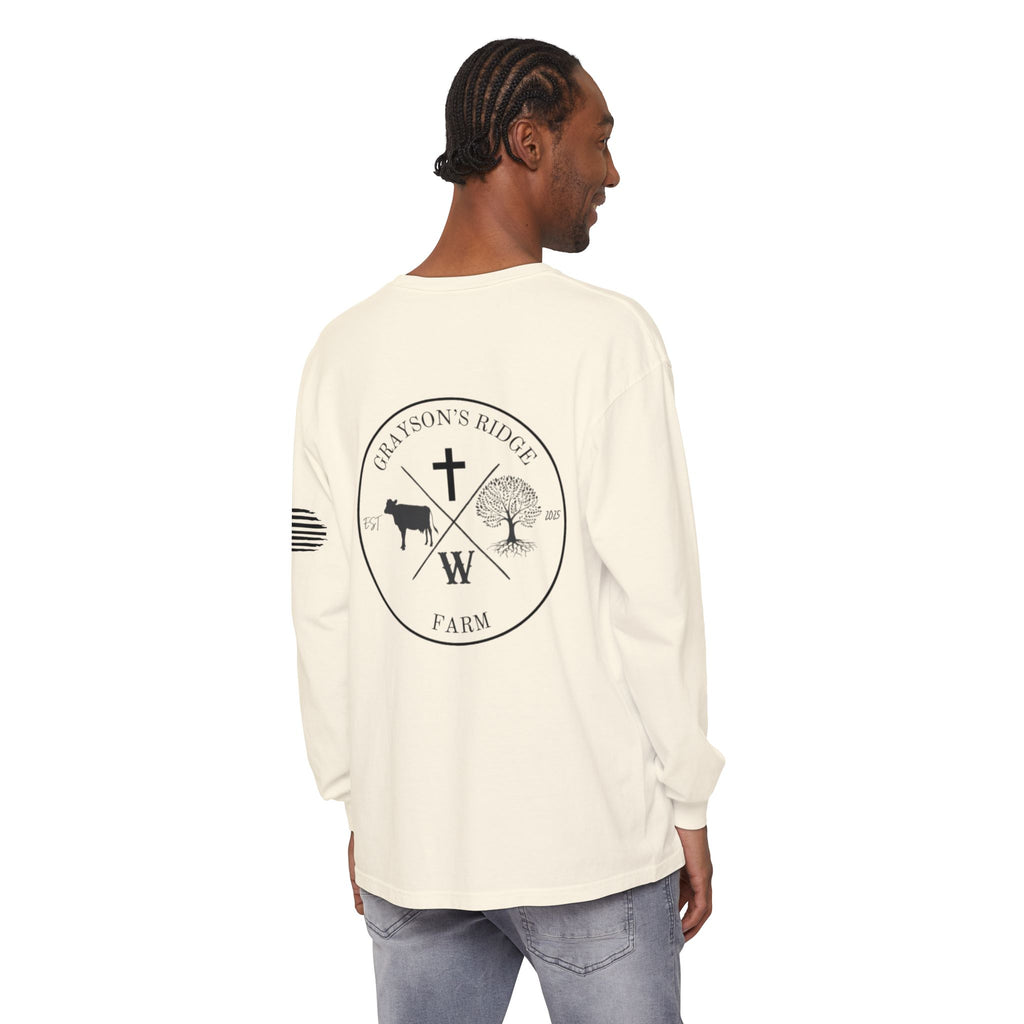 Grayson’s Ridge Farm Long Sleeve T-Shirt — Farm Logo Tee with Cross & American Flag