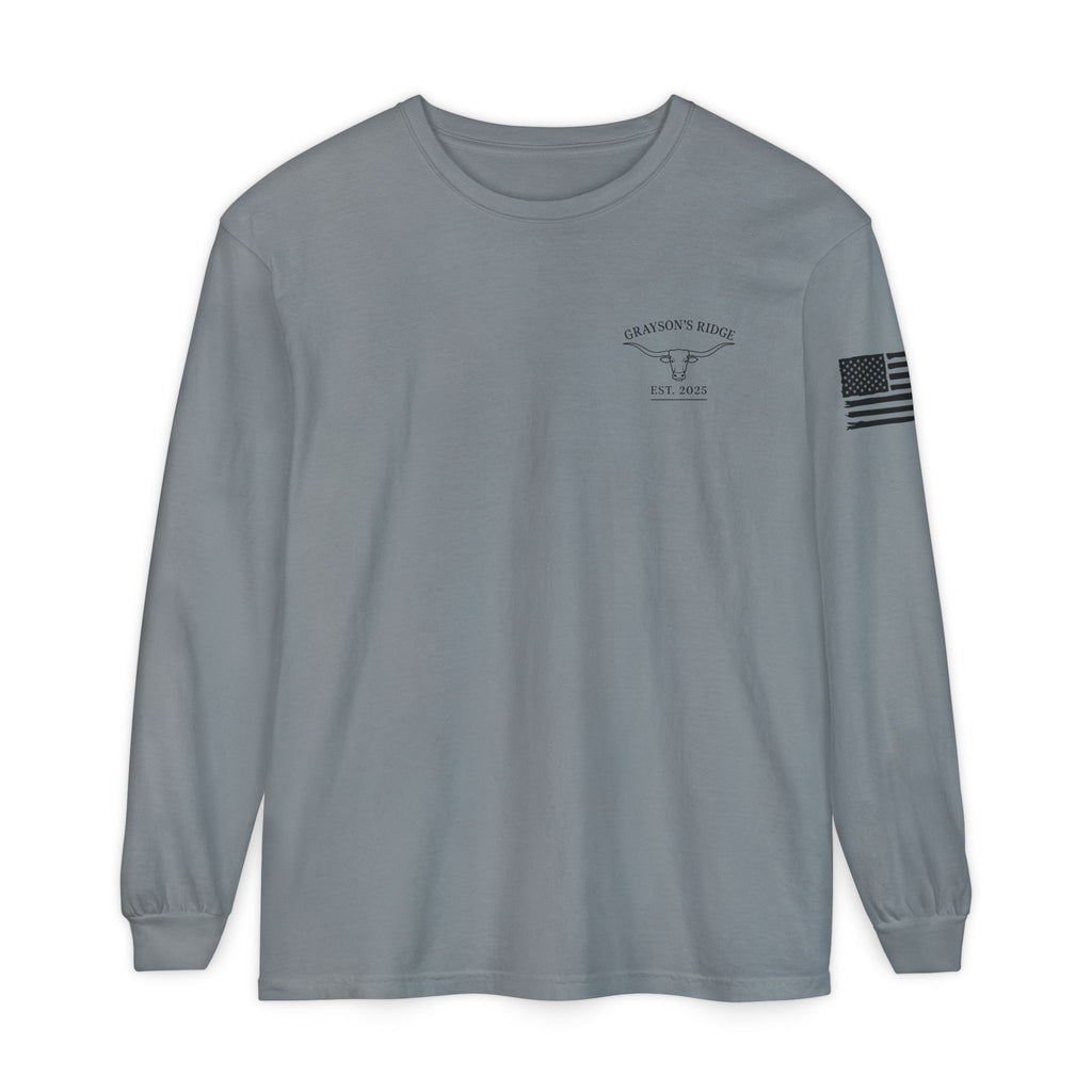 Grayson’s Ridge Farm Long Sleeve T-Shirt — Farm Logo Tee with Cross & American Flag