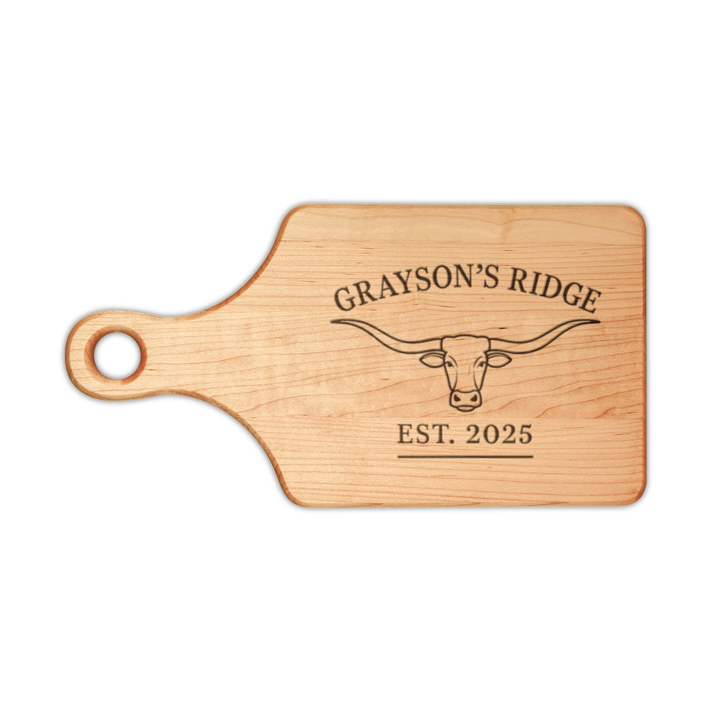 Engraved Longhorn Cutting Board – Personalized 'Grayson’s Ridge' EST. 2025
