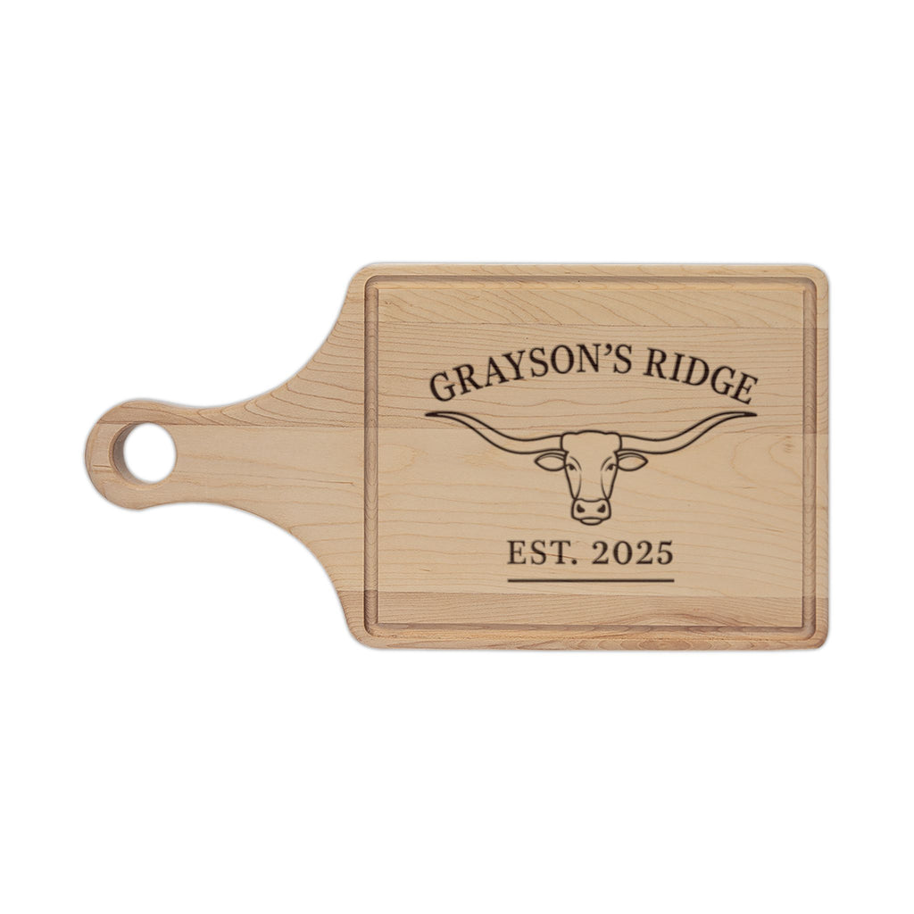 Engraved Longhorn Cutting Board – Personalized 'Grayson’s Ridge' EST. 2025