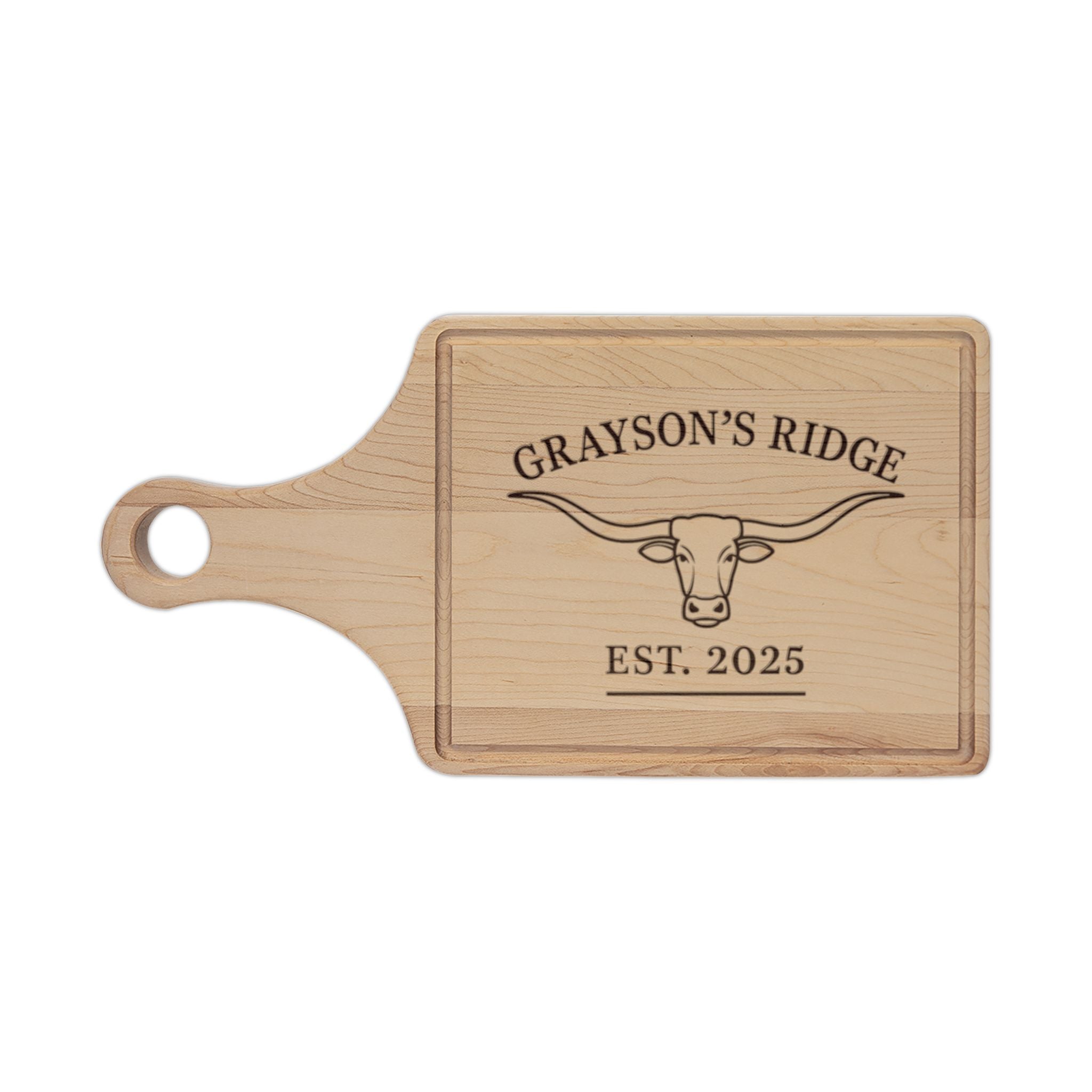 Engraved Longhorn Cutting Board – Personalized 'Grayson’s Ridge' EST. 2025