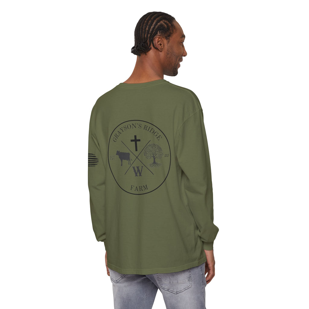 Grayson’s Ridge Farm Long Sleeve T-Shirt — Farm Logo Tee with Cross & American Flag