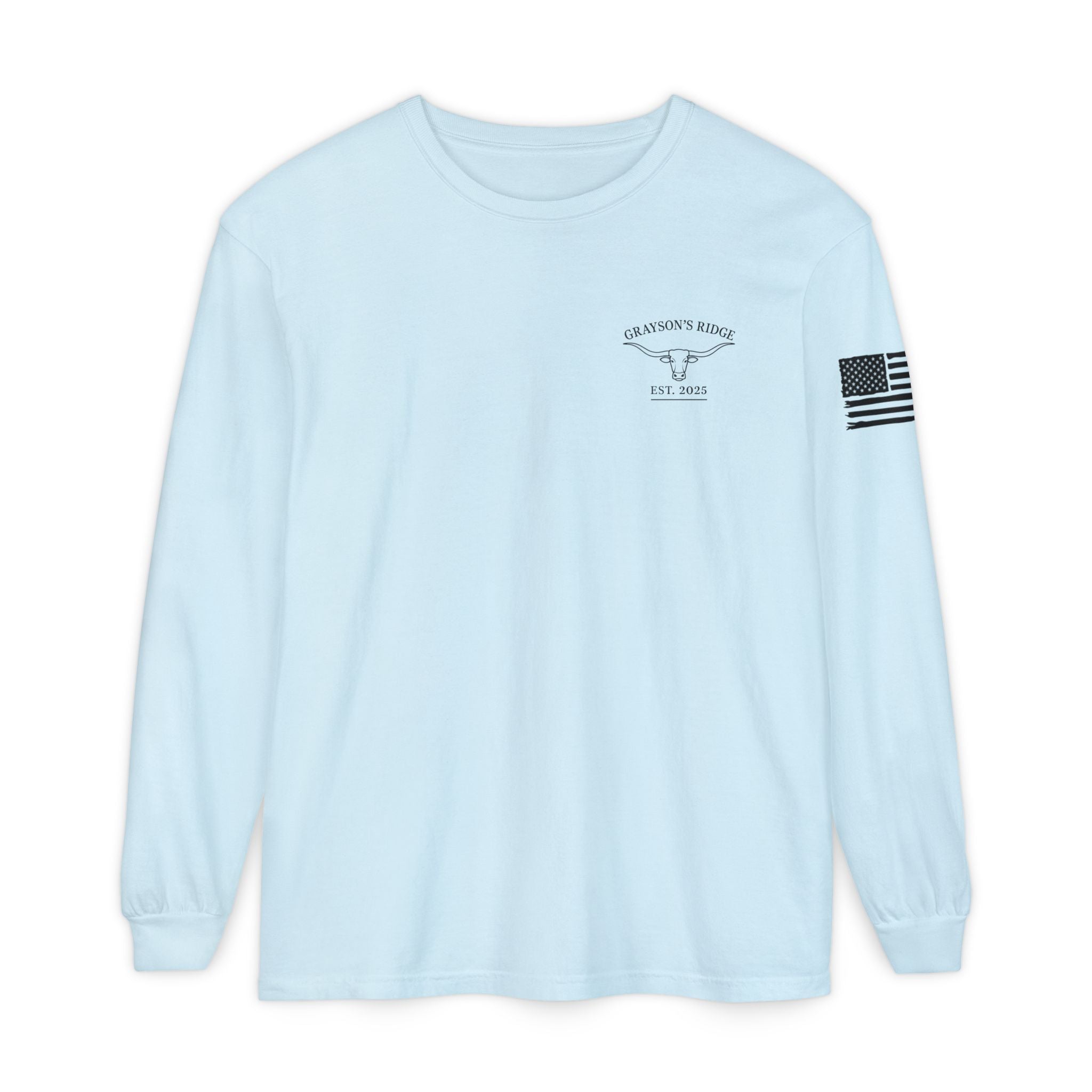 Grayson’s Ridge Farm Long Sleeve T-Shirt — Farm Logo Tee with Cross & American Flag