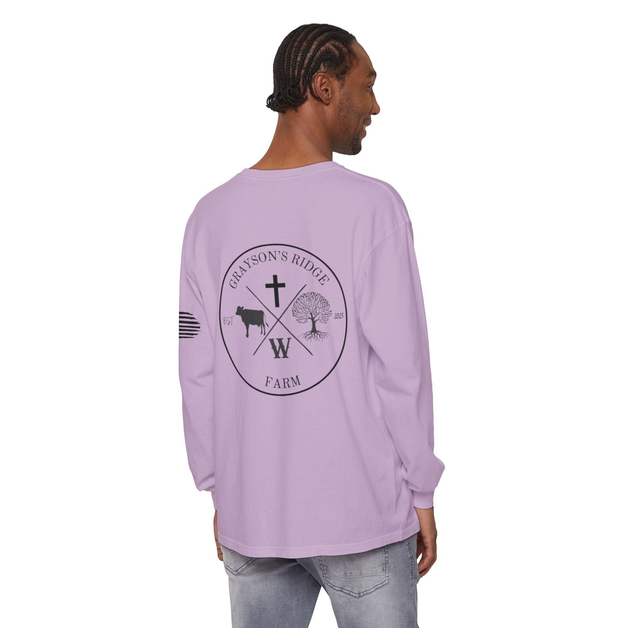 Grayson’s Ridge Farm Long Sleeve T-Shirt — Farm Logo Tee with Cross & American Flag