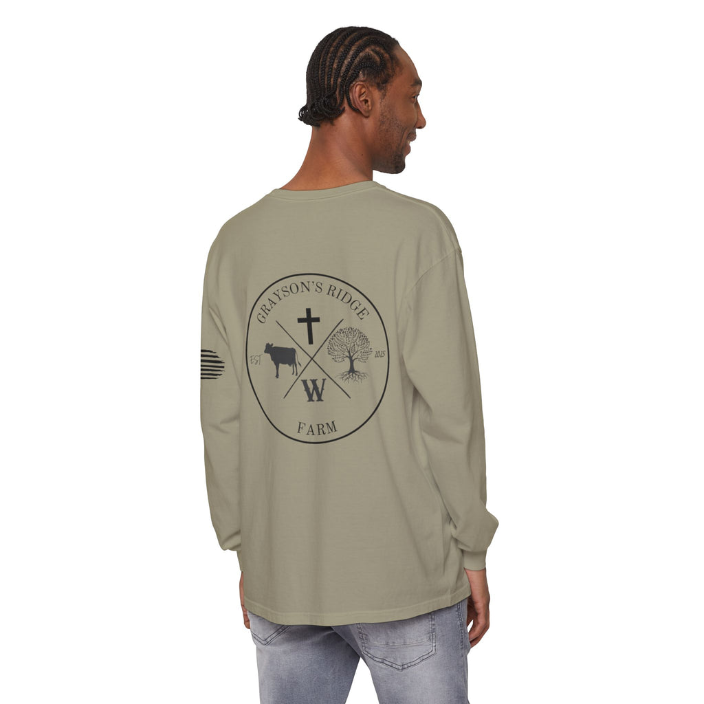 Grayson’s Ridge Farm Long Sleeve T-Shirt — Farm Logo Tee with Cross & American Flag