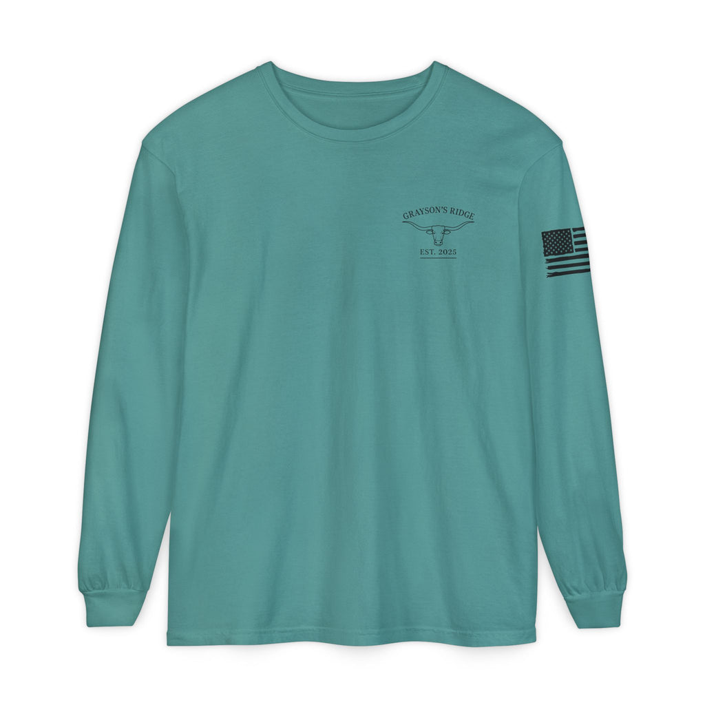 Grayson’s Ridge Farm Long Sleeve T-Shirt — Farm Logo Tee with Cross & American Flag