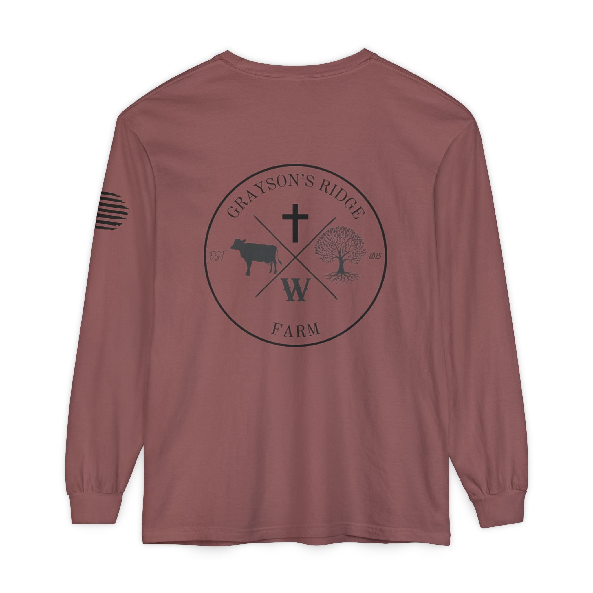 Grayson’s Ridge Farm Long Sleeve T-Shirt — Farm Logo Tee with Cross & American Flag