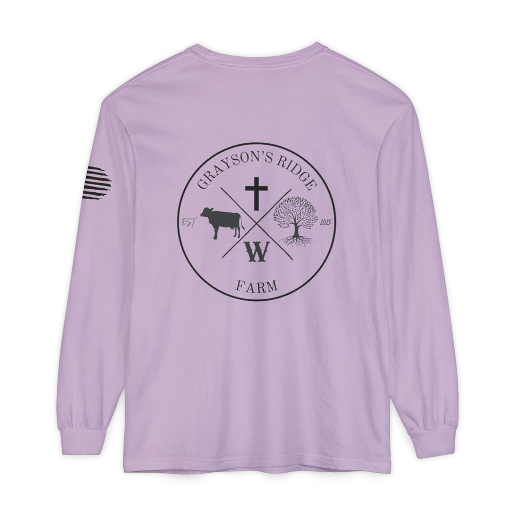 Grayson’s Ridge Farm Long Sleeve T-Shirt — Farm Logo Tee with Cross & American Flag