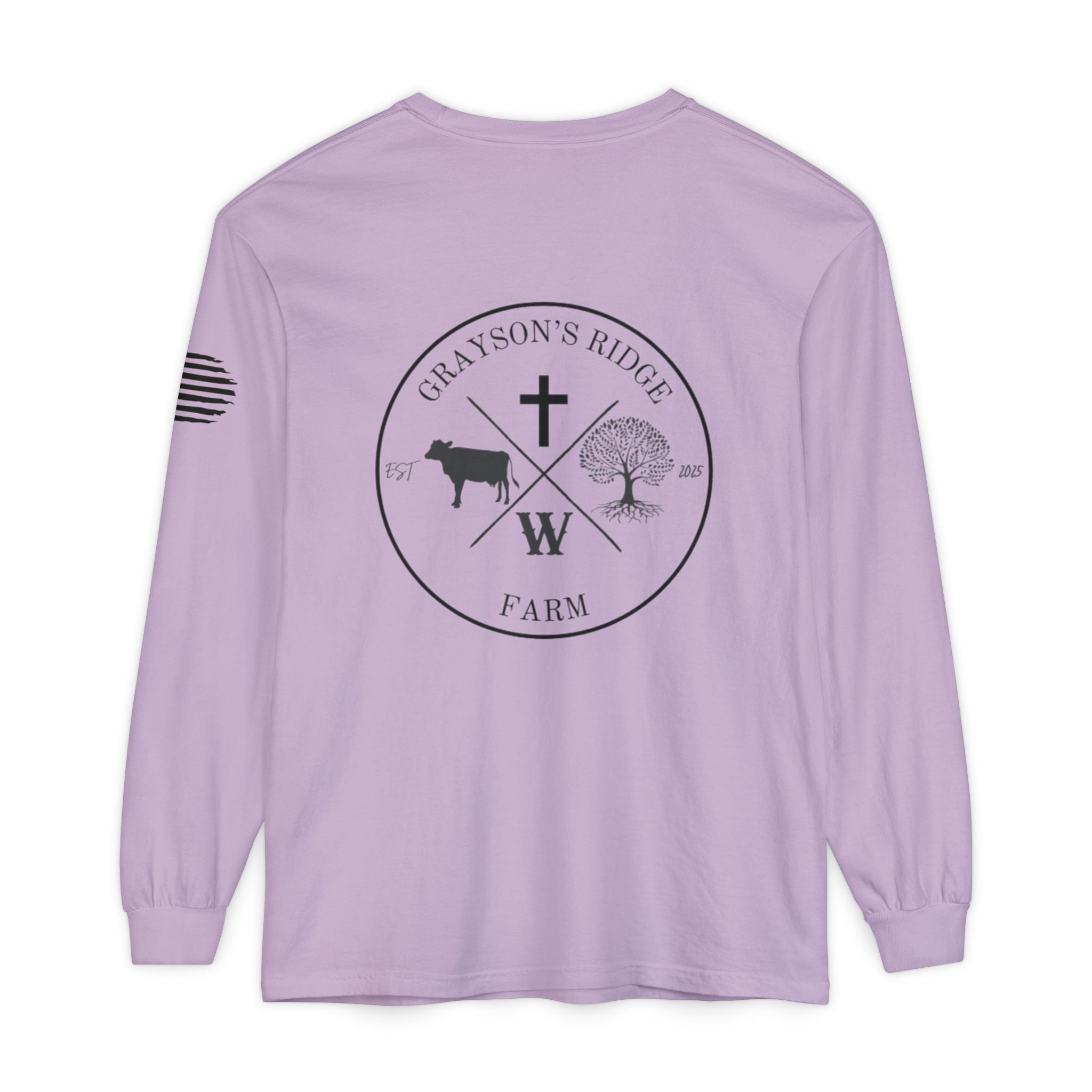 Grayson’s Ridge Farm Long Sleeve T-Shirt — Farm Logo Tee with Cross & American Flag