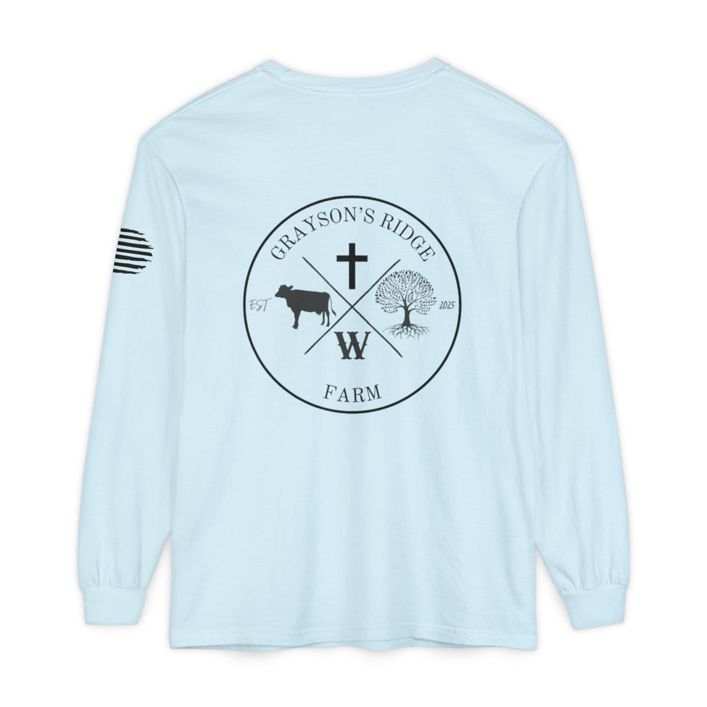 Grayson’s Ridge Farm Long Sleeve T-Shirt — Farm Logo Tee with Cross & American Flag