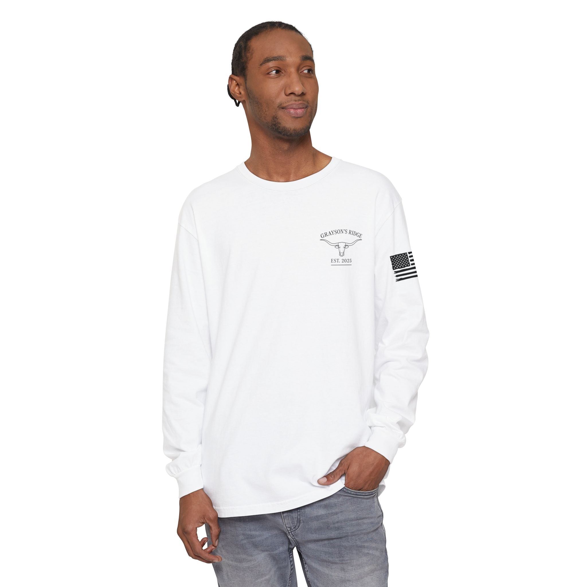 Grayson’s Ridge Farm Long Sleeve T-Shirt — Farm Logo Tee with Cross & American Flag