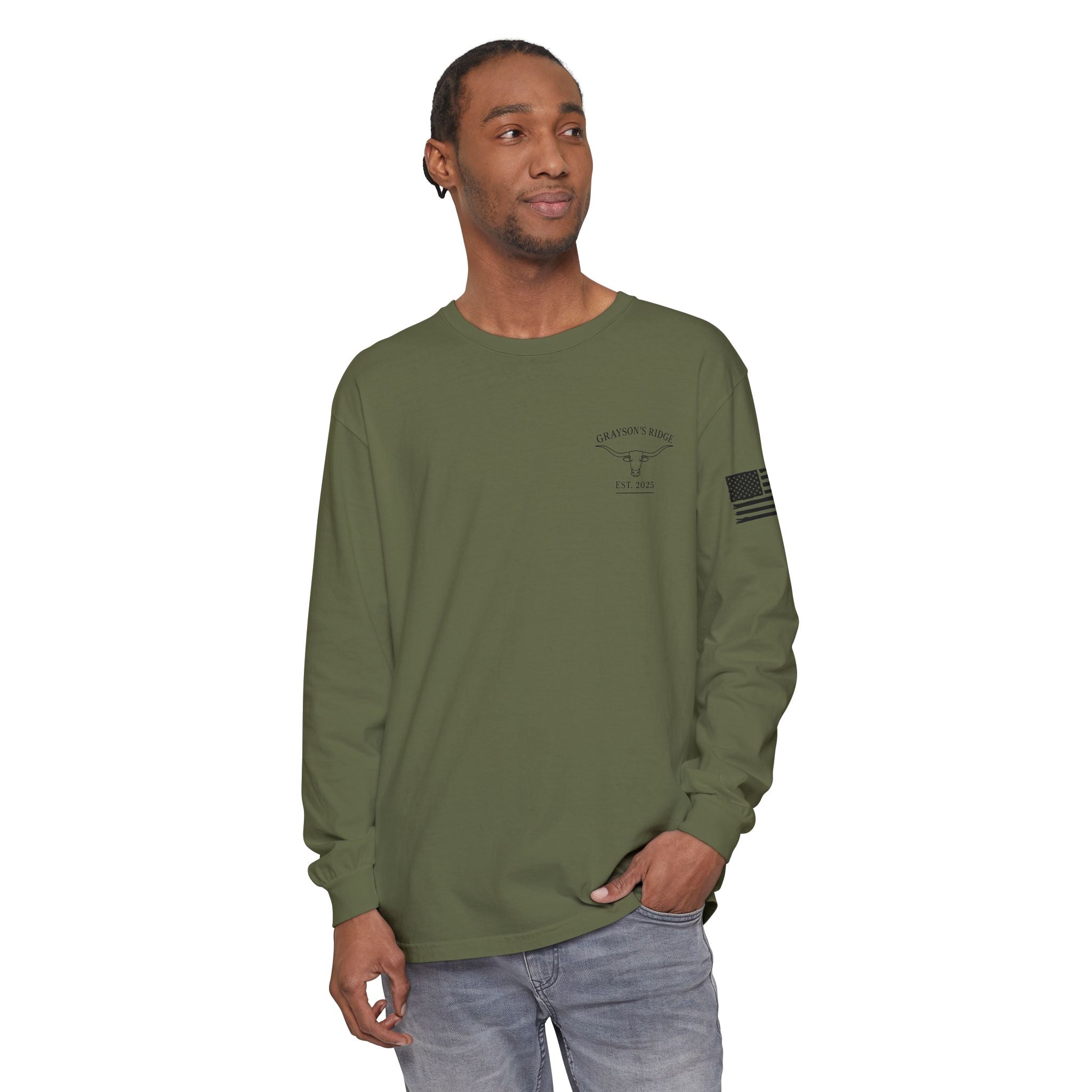 Grayson’s Ridge Farm Long Sleeve T-Shirt — Farm Logo Tee with Cross & American Flag