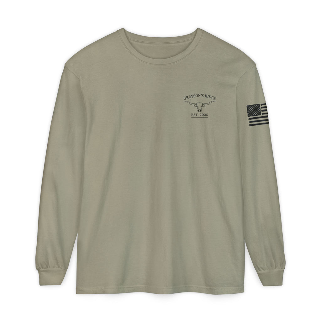 Grayson’s Ridge Farm Long Sleeve T-Shirt — Farm Logo Tee with Cross & American Flag