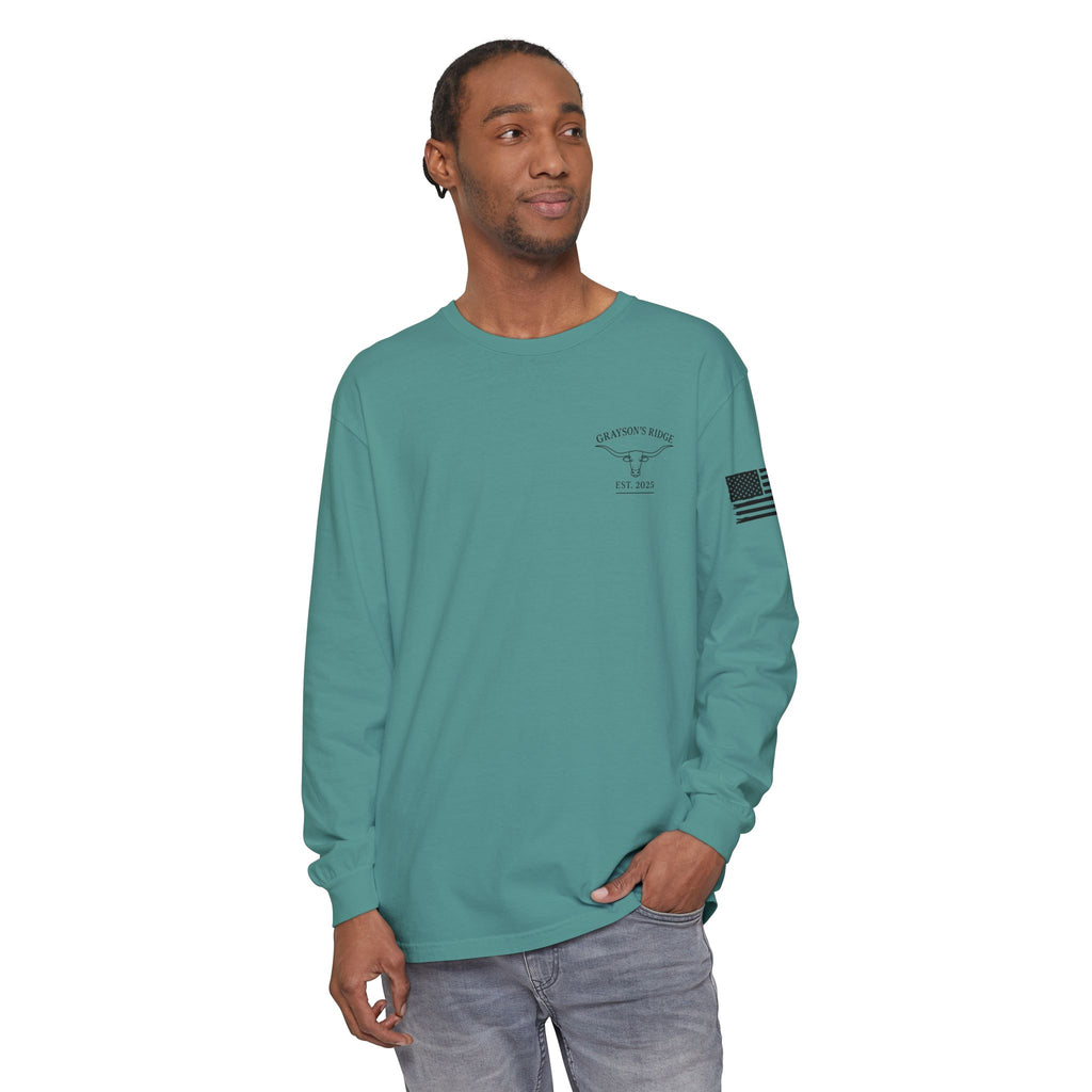 Grayson’s Ridge Farm Long Sleeve T-Shirt — Farm Logo Tee with Cross & American Flag