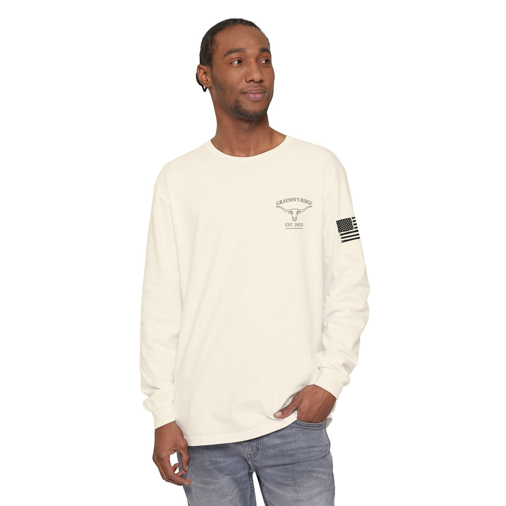 Grayson’s Ridge Farm Long Sleeve T-Shirt — Farm Logo Tee with Cross & American Flag
