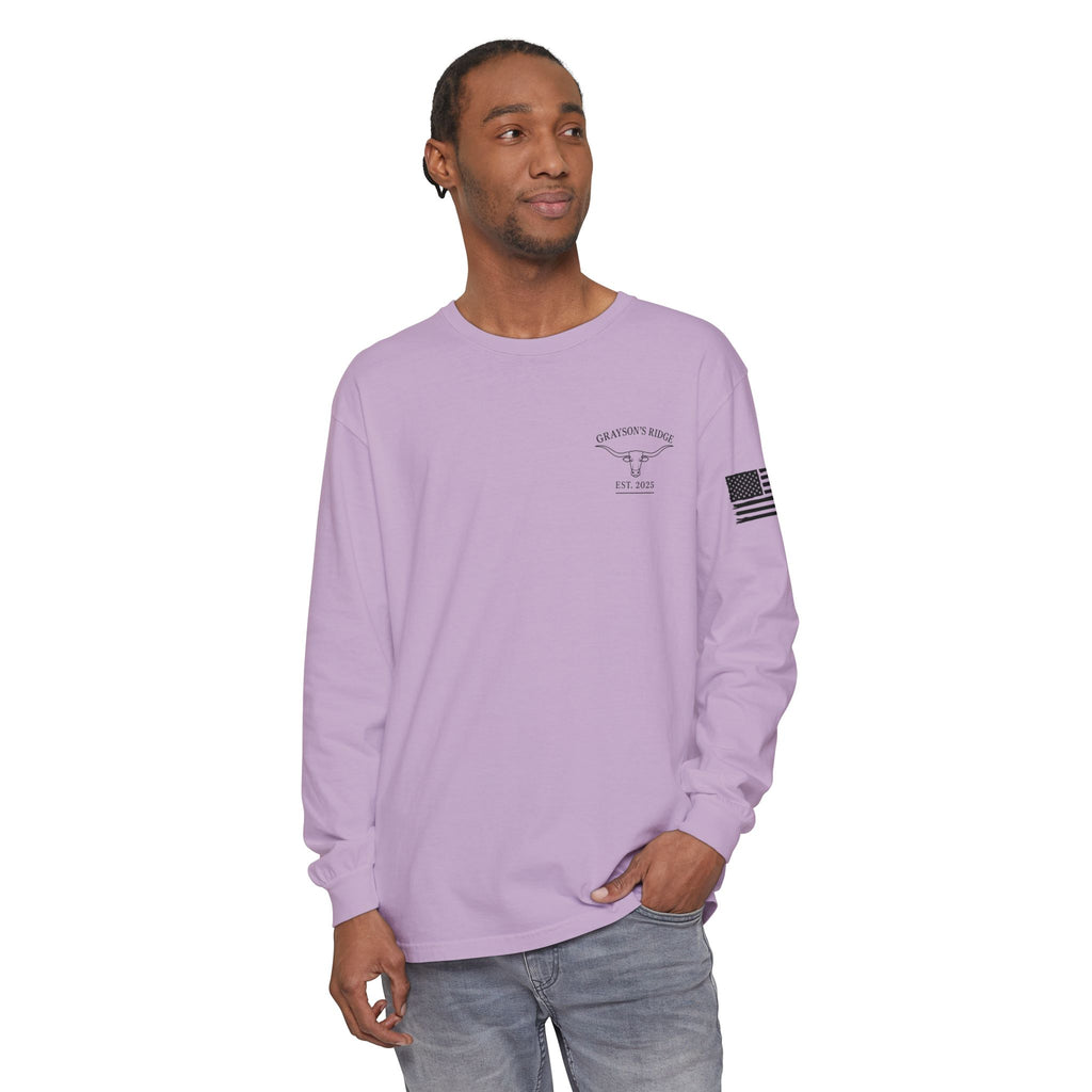 Grayson’s Ridge Farm Long Sleeve T-Shirt — Farm Logo Tee with Cross & American Flag