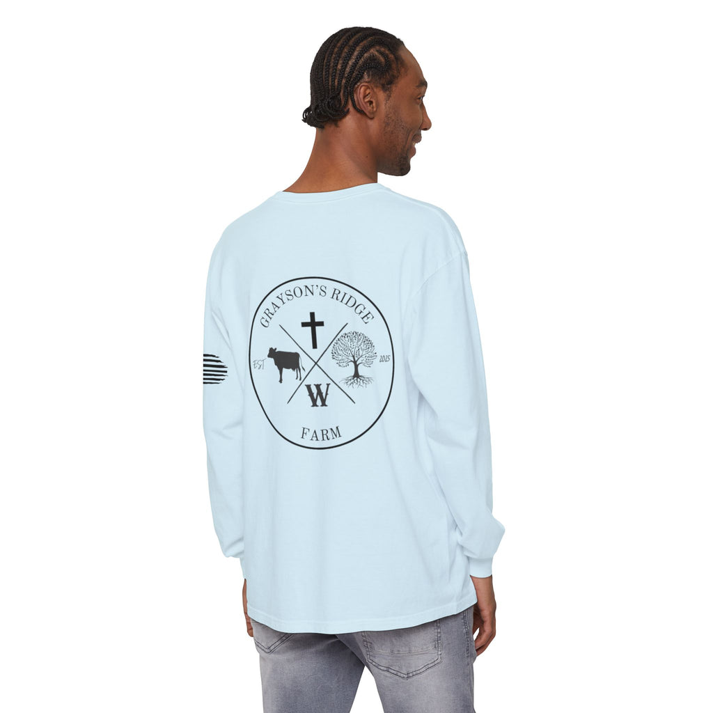 Grayson’s Ridge Farm Long Sleeve T-Shirt — Farm Logo Tee with Cross & American Flag