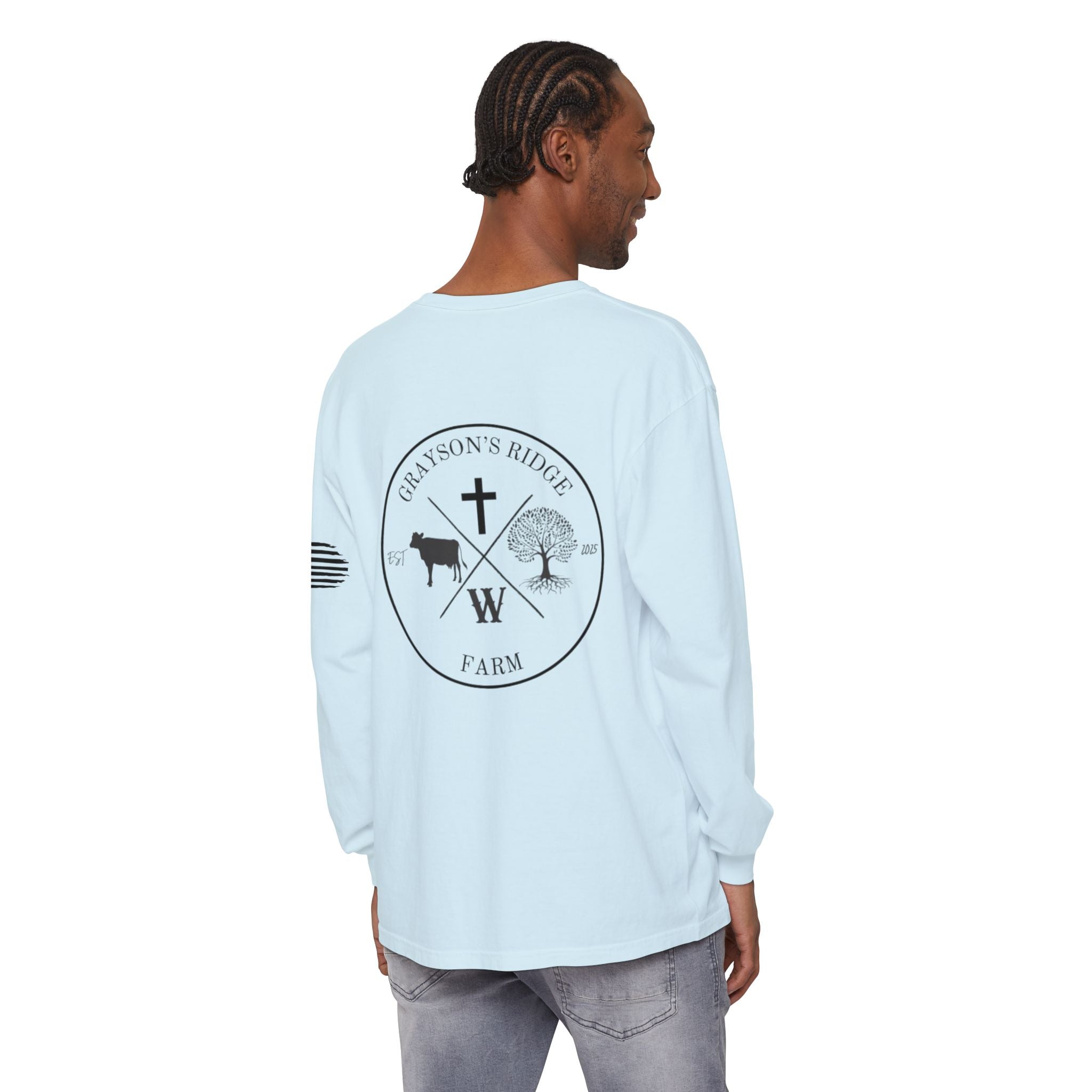 Grayson’s Ridge Farm Long Sleeve T-Shirt — Farm Logo Tee with Cross & American Flag