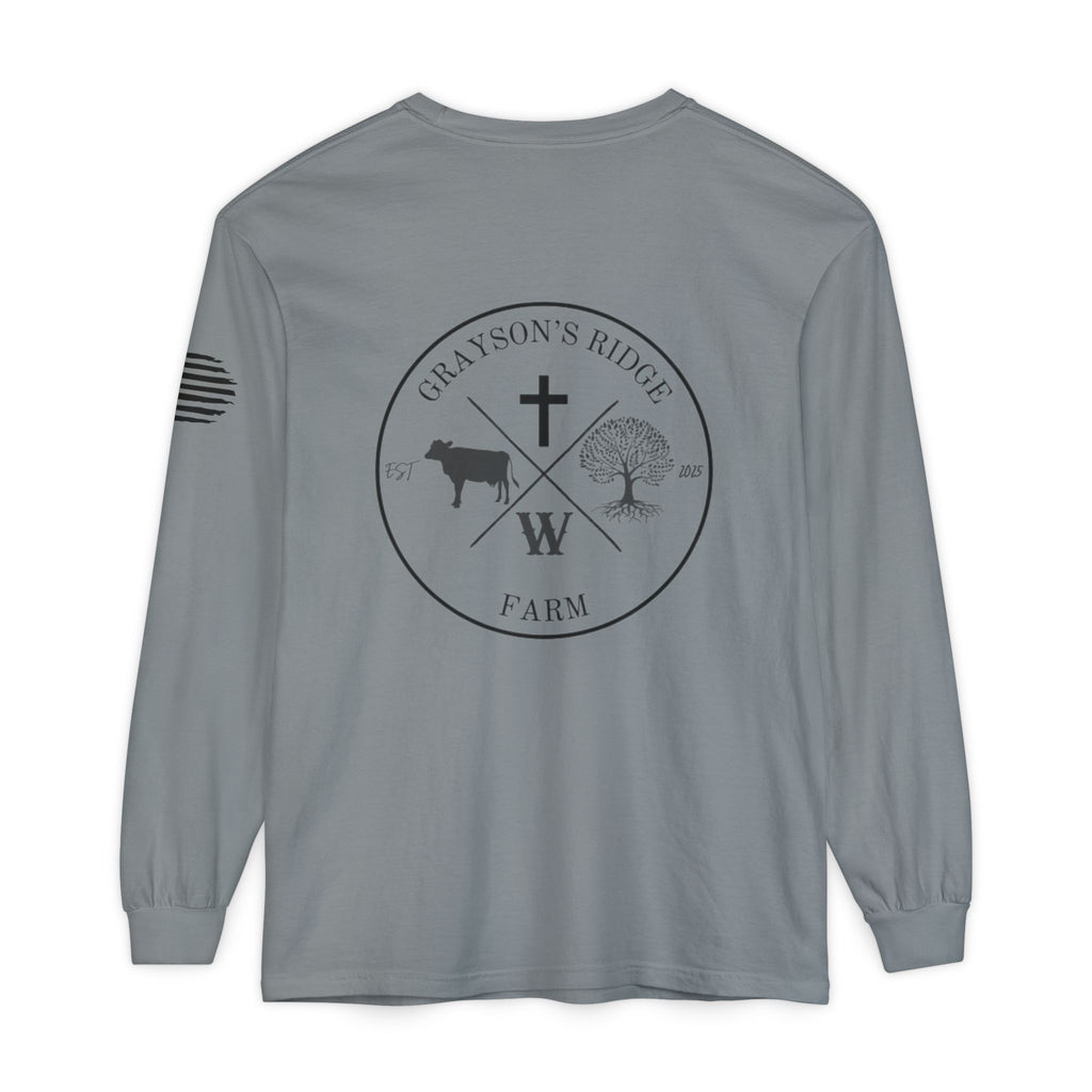 Grayson’s Ridge Farm Long Sleeve T-Shirt — Farm Logo Tee with Cross & American Flag