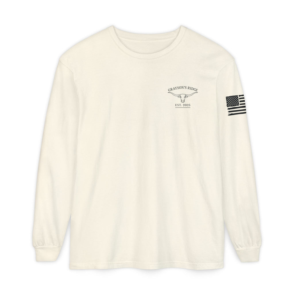 Grayson’s Ridge Farm Long Sleeve T-Shirt — Farm Logo Tee with Cross & American Flag