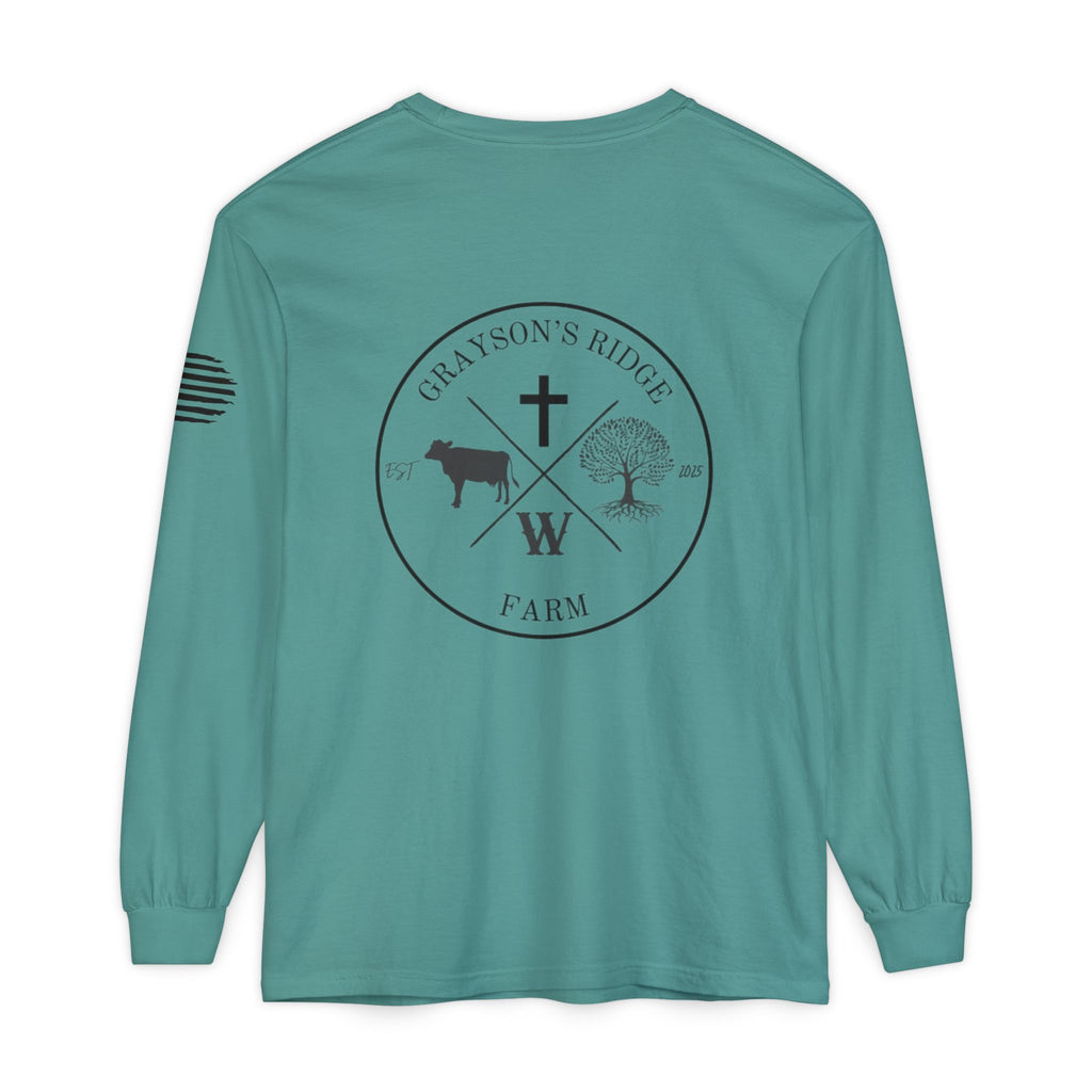 Grayson’s Ridge Farm Long Sleeve T-Shirt — Farm Logo Tee with Cross & American Flag