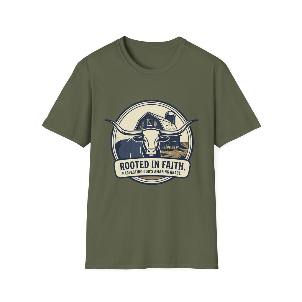 Rooted in Faith Farm T‑Shirt — 'Rooted in Faith' Longhorn & Grayson’s Ridge Farm Graphic Tee